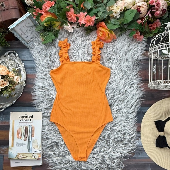 Heatherly Ribbed Orange Citrus Ruffle Strap Bodysuit Cottagecore Y2K XS Petite - Picture 2 of 9